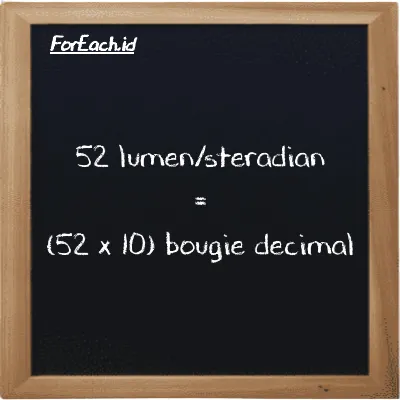 How to convert lumen/steradian to bougie decimal: 52 lumen/steradian (lm/sr) is equivalent to 52 times 10 bougie decimal (dec bougie)